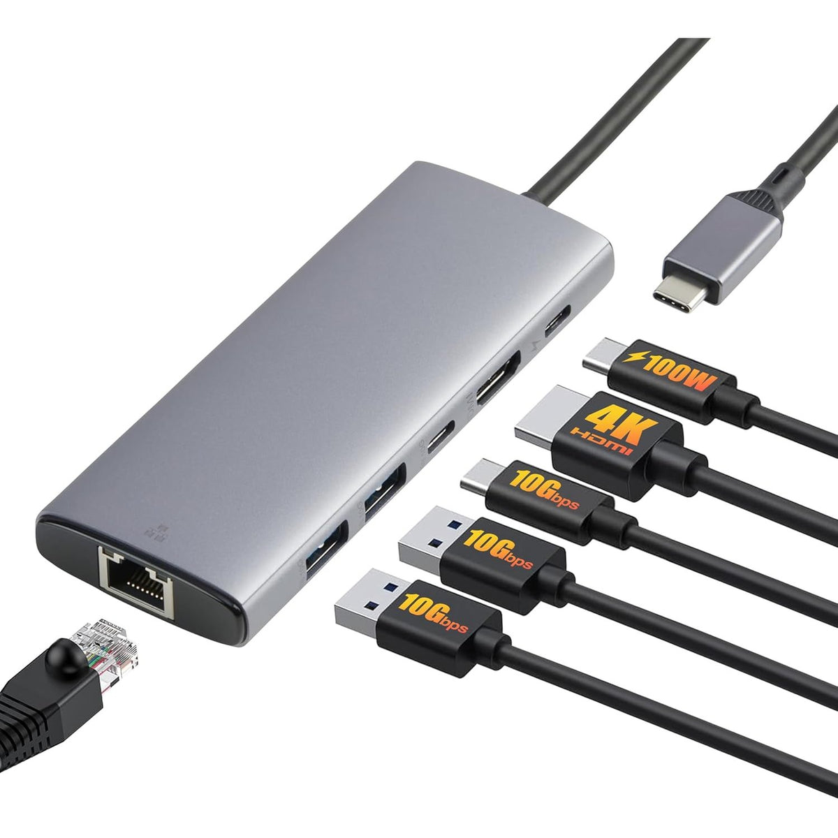 309024 - Amazon Basics - Hub 6-në-1 USB-C 3.2 (10G), 1 Hyrje USB-C 100W PD, 2 USB-A, 1 USB-C, HDMI 4K, Ethernet, 11.94 x 4.6 x 1.5 cm