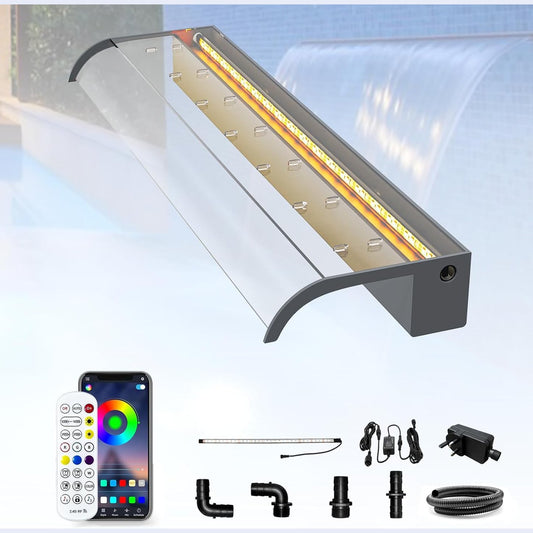 260046 - LONGRUN Kit për ujëvarë pellgu, 90 cm, teh akrilik i lakuar, ndriçim LED Bluetooth me 7 ngjyra, 26 cm i gjerë