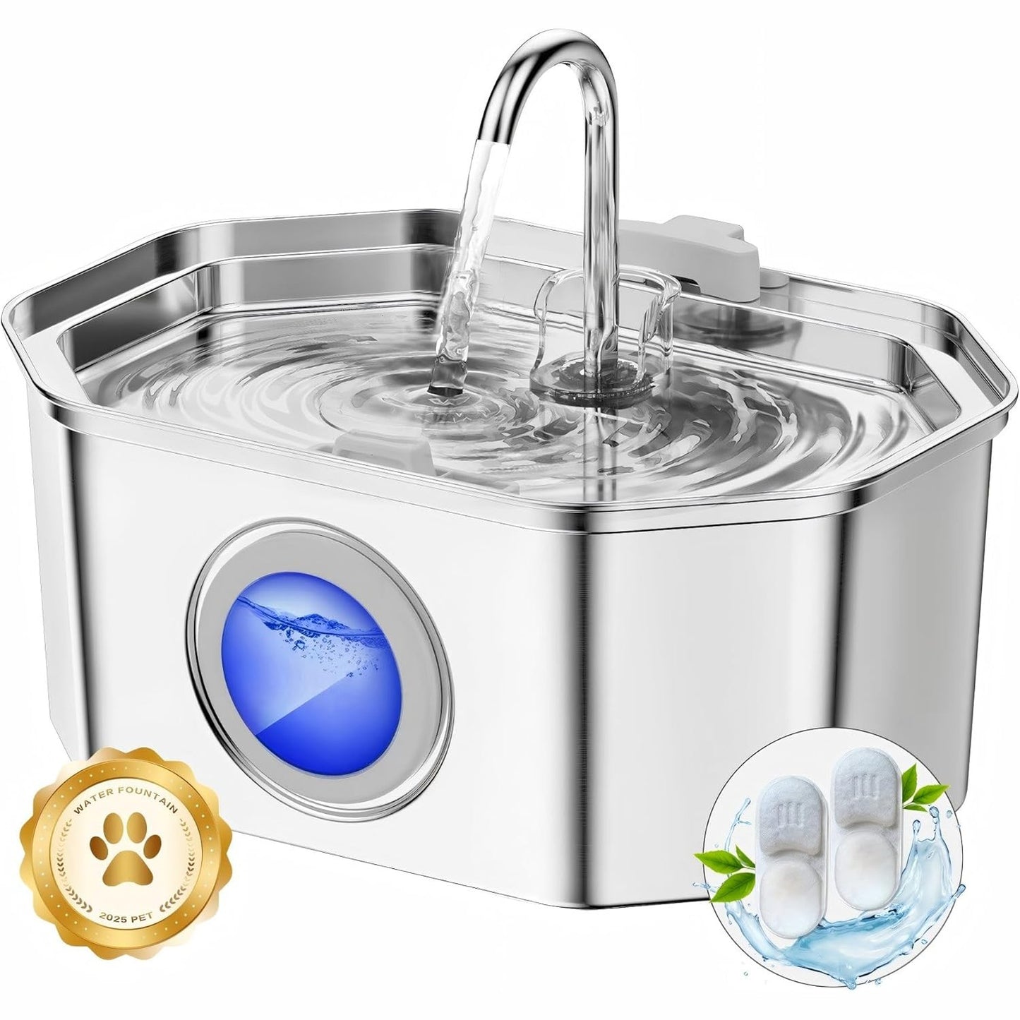 256396 - APAUK Shatërvan për mace 3.2L prej çeliku inox, Shatërvan uji i heshtur me dritare LED, Sistem filtri shumështresor pa BPA (me 2 filtra dhe 2 sfungjerë)