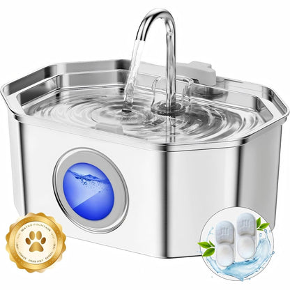 256396 - APAUK Shatërvan për mace 3.2L prej çeliku inox, Shatërvan uji i heshtur me dritare LED, Sistem filtri shumështresor pa BPA (me 2 filtra dhe 2 sfungjerë)
