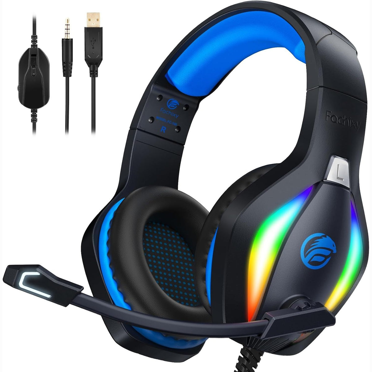 295926 - Fachixy Kufje Lojërash FC100 për PS4, PS5, PC, Xbox, Nintendo Switch, Kufje Lojërash me Tel me Ndriçim RGB, Kufje Stereo Surround me Mikrofon, Kufje Lojërash me Anulim Zhurme - BLU