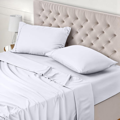 237629 - SET ÇARÇAFËSH UTOPIA BEDDING ME 4 PJESË 160x200 - Poliester me mikrofibër të lëmuar - I çertifikuar Oeko-Tex - Çarçaf i montuar, çarçaf i sheshtë dhe 2 mbulesa jastëku 50x75 (Madhësia Queen, e bardhë)
