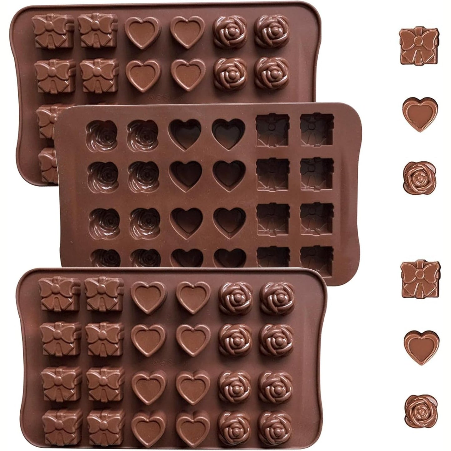 263142 - Forma Çokollate me 2 Pjesë, Forma Silikoni 3D, 24 Vrima, Forma të Lezetshme (Kuti Dhurate, Zemër, Trëndafil)