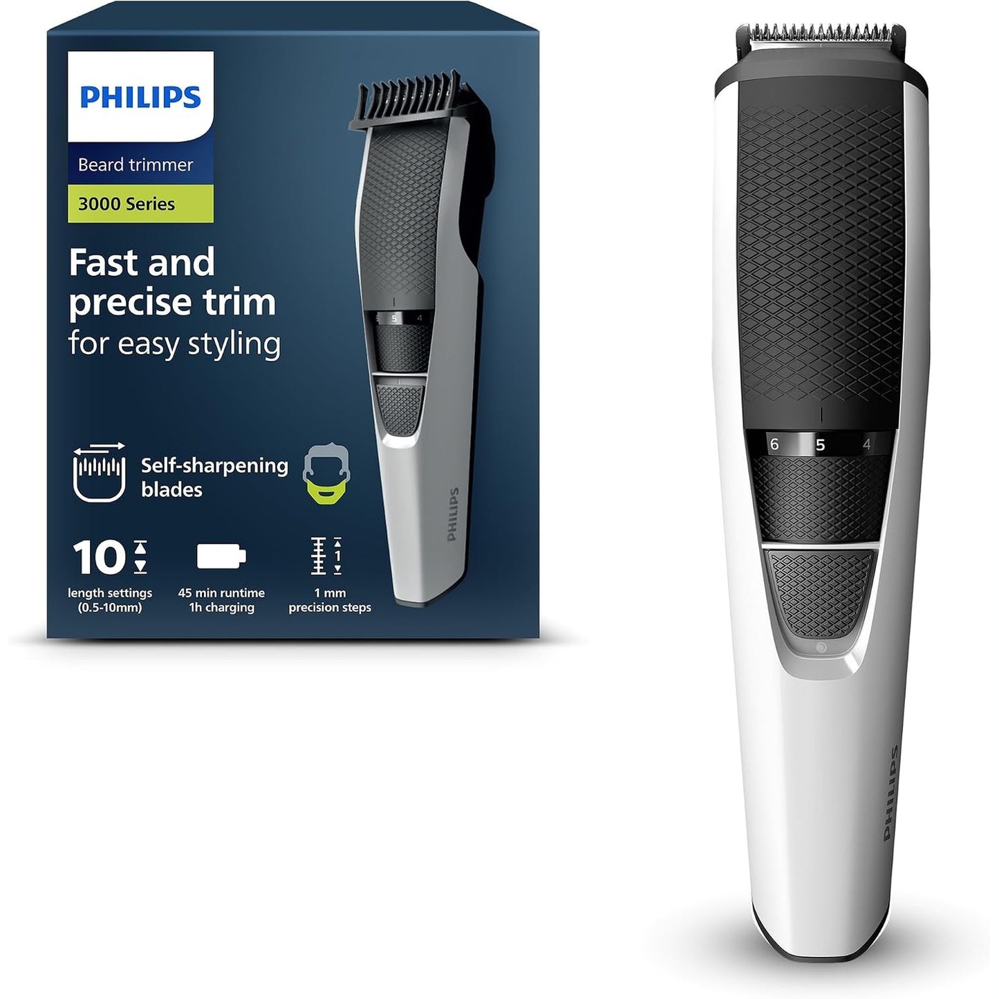 317337 - PHILIPS Makinë prerëse për mjekër Seria 3000, Teknologji Ngritjeje dhe Shkurtimi, Tehe të rrumbullakosura, 10 gjatësi të rregullueshme, Krehër Udhëzues, 100% i papërshkueshëm nga uji, Tregues baterie, Modeli BT3206/14