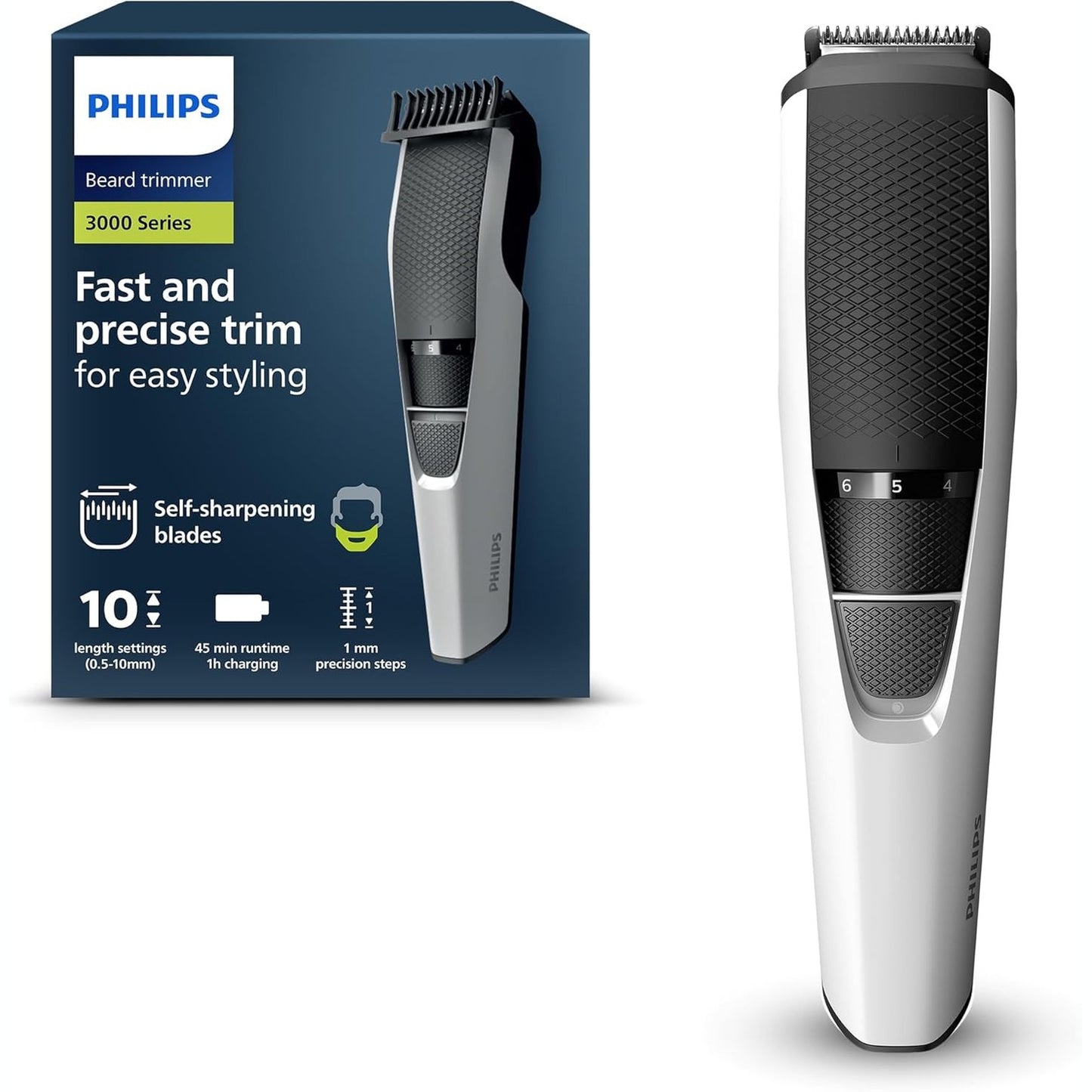 316870 - PHILIPS Makinë prerëse për mjekër Seria 3000, Teknologji Ngritjeje dhe Shkurtimi, Tehe të rrumbullakosura, 10 gjatësi të rregullueshme, Krehër Udhëzues, 100% i papërshkueshëm nga uji, Tregues baterie, Modeli BT3206/14