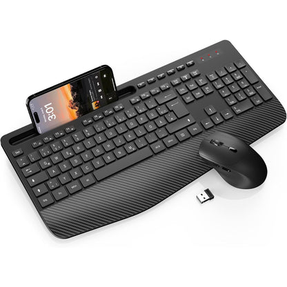 268320 - Set Tastiere dhe Mausi pa Tel, Tastierë Ergonomike me Madhësi të Plotë, Mbështetje Kyçi, Mbajtëse Telefoni, Modalitet Gjumi, 2.4 GHz, i Qetë për Mac, Windows, Laptop, PC
