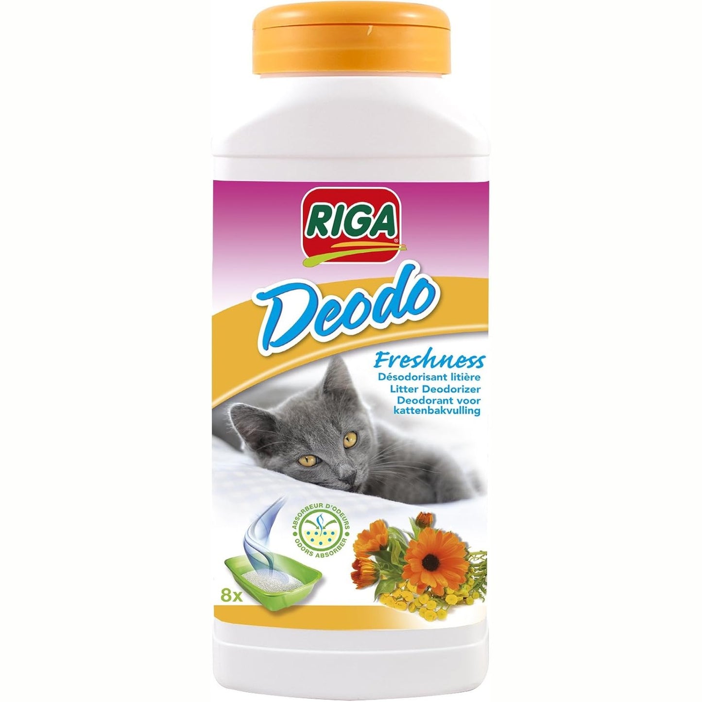 198885 - RIGA - Deodorizuesi Rigalit Deodo për Mbeturinat e Maceve, Neutralizues i Erërave dhe Baktereve, Aromë Lulesh, 750g