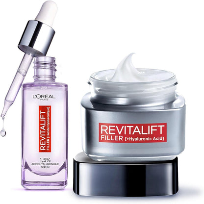 303092 - L'OREAL PARIS Set Rutine Anti-Plakje dhe Anti-Rrudha me 2 Produkte, Serum Plotësues + Krem Dite Volumizues, I Pasuruar me Acid Hialuronik, Për të Gjitha Llojet e Lëkurës