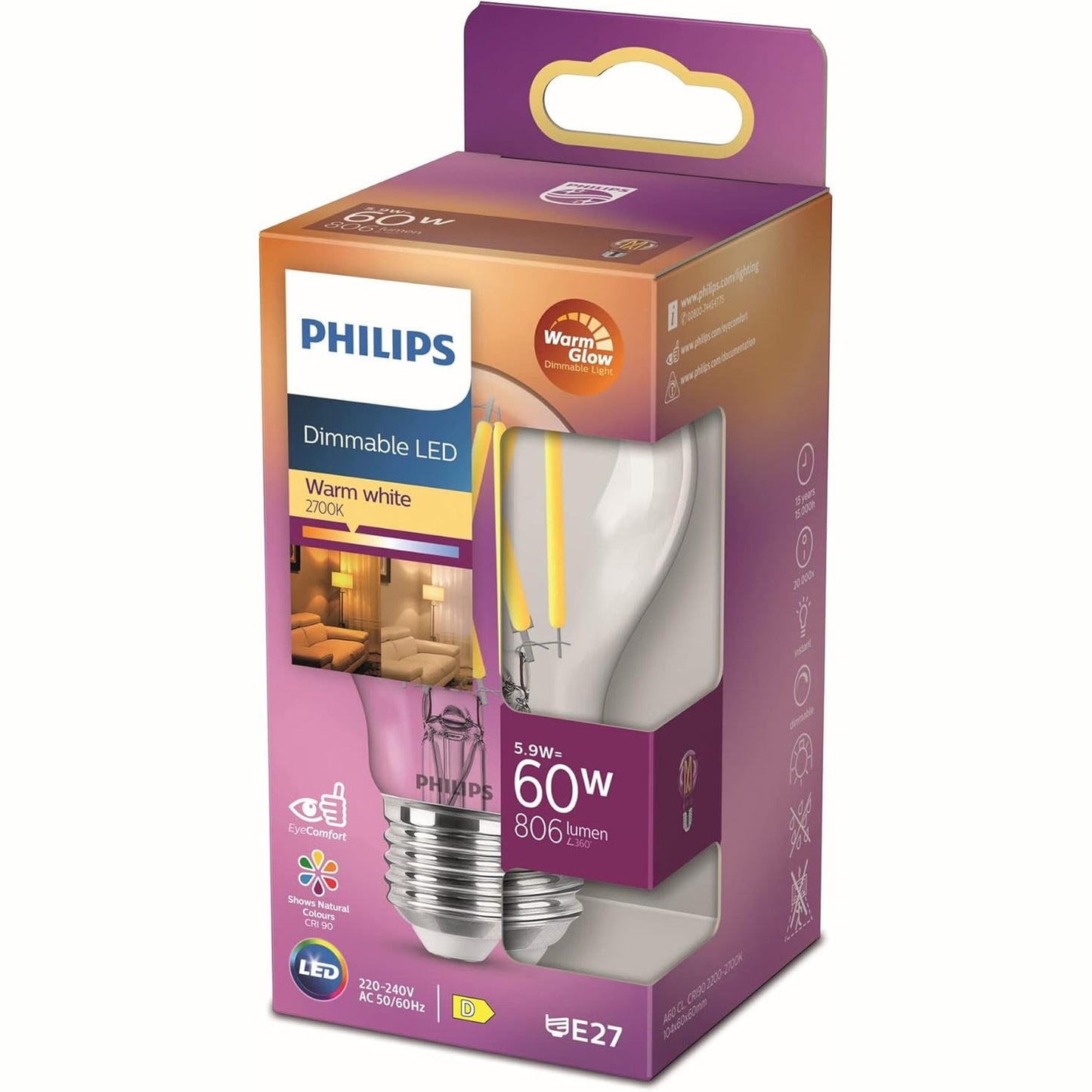 225099 - PHILIPS Llambë filamenti Philips LED Classic E27 me shkëlqim të ngrohtë (60 W), llambë LED me errësim dhe dritë të bardhë të ngrohtë, llambë kursimi energjie me jetëgjatësi të gjatë, transparente