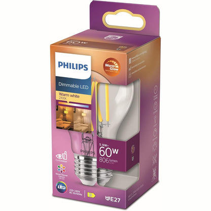 225099 - PHILIPS Llambë filamenti Philips LED Classic E27 me shkëlqim të ngrohtë (60 W), llambë LED me errësim dhe dritë të bardhë të ngrohtë, llambë kursimi energjie me jetëgjatësi të gjatë, transparente