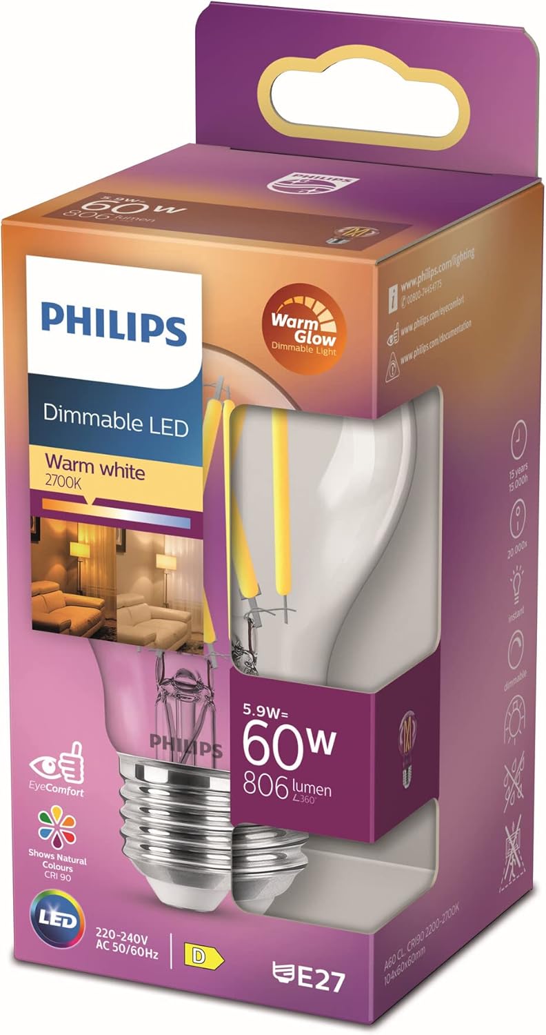 225101 - PHILIPS Llambë filamenti LED Classic E27 60W, shkëlqim të ngrohtë, llambë me errësim, transparente