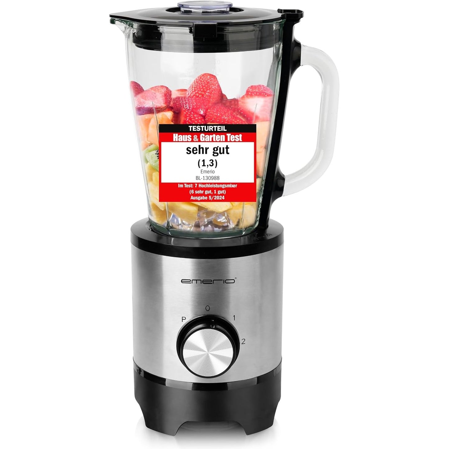 288377 - EMERIO Blender me enë qelqi 1.5L, Pa BPA, Funksion thërrmimi akulli, 2 shpejtësi + Funksion pulsi, 4 tehe çeliku inox, 2 çelësa sigurie në enë dhe kapak, 500W, BL-130988