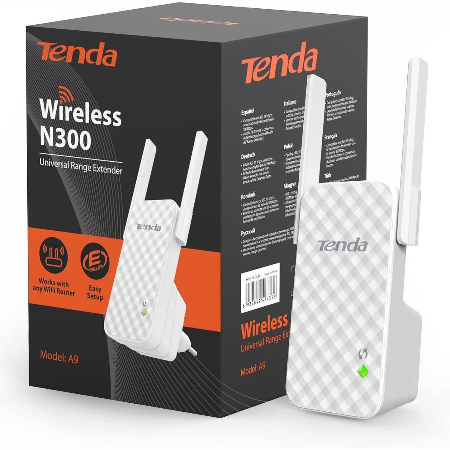 320396 - TENDA – A9 WiFi Amplifikator Ripërsëritës, Shpejtësi: 300 Mbps, 2 antena të jashtme, WPS, LED mund të fiket, i pajtueshëm me të gjitha pajisjet WiFi, Ngjyra: e bardhë