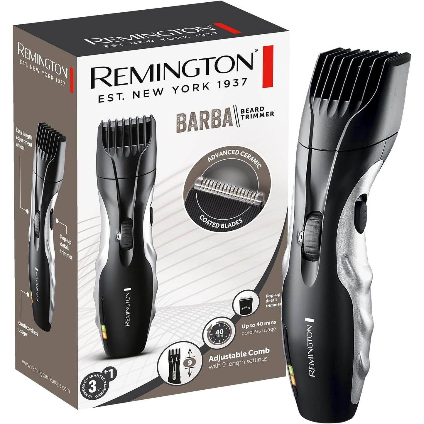 271555 - REMINGTON Set prerësesh për mjekër - 9 cilësime gjatësie 1.5-18 mm - Funksionim me rrjet/bateri, tregues LED karikimi/mbushjeje, MB320C