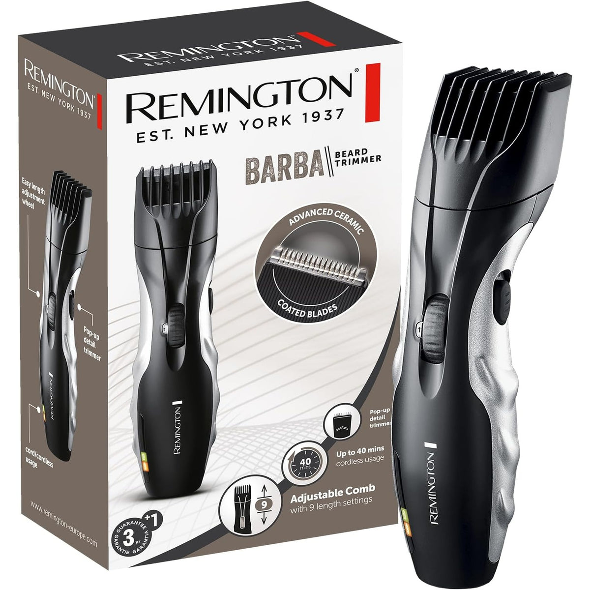 296976 - REMINGTON - Prerës Elektrik për Mjekër MB320C, tehe qeramike ergonomike, 9 cilësime 1.5-18 mm, rrjet/bateri, furçë e përfshirë