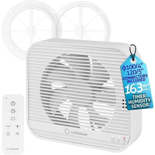 288194 - TURBIONAIRE Ventilator shumëfunksional për banjë Axio 1012 HTR, 161 m³/orë, sensor lagështie, kohëmatës, 8 shpejtësi, telekomandë, aksesorë/valvulë rryme ajri 100 mm dhe 120 mm e përfshirë, 7.8W
