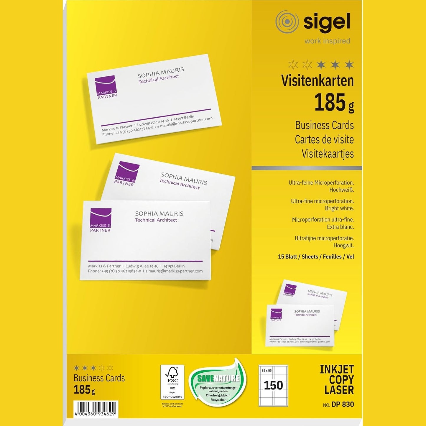 294605 - SIGEL Kartëvizita të printueshme DP830, 150 copë (15 fletë), 185 g, 85x55 mm, të bardha të ndezura