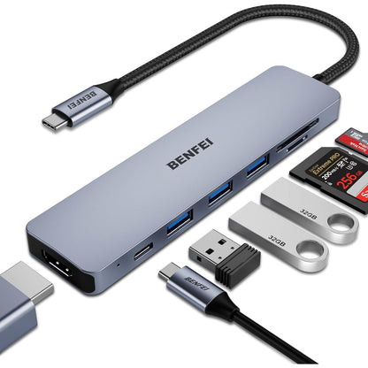 269144 - BENFEI Hub USB-C 7-në-1, Adaptor me HDMI 4K @ 60Hz, Dërgesë energjie 100W, 3 Porta USB 3.0, Lexues Kartash SD/TF për iPhone 15 Pro/Max, MacBook, iPad