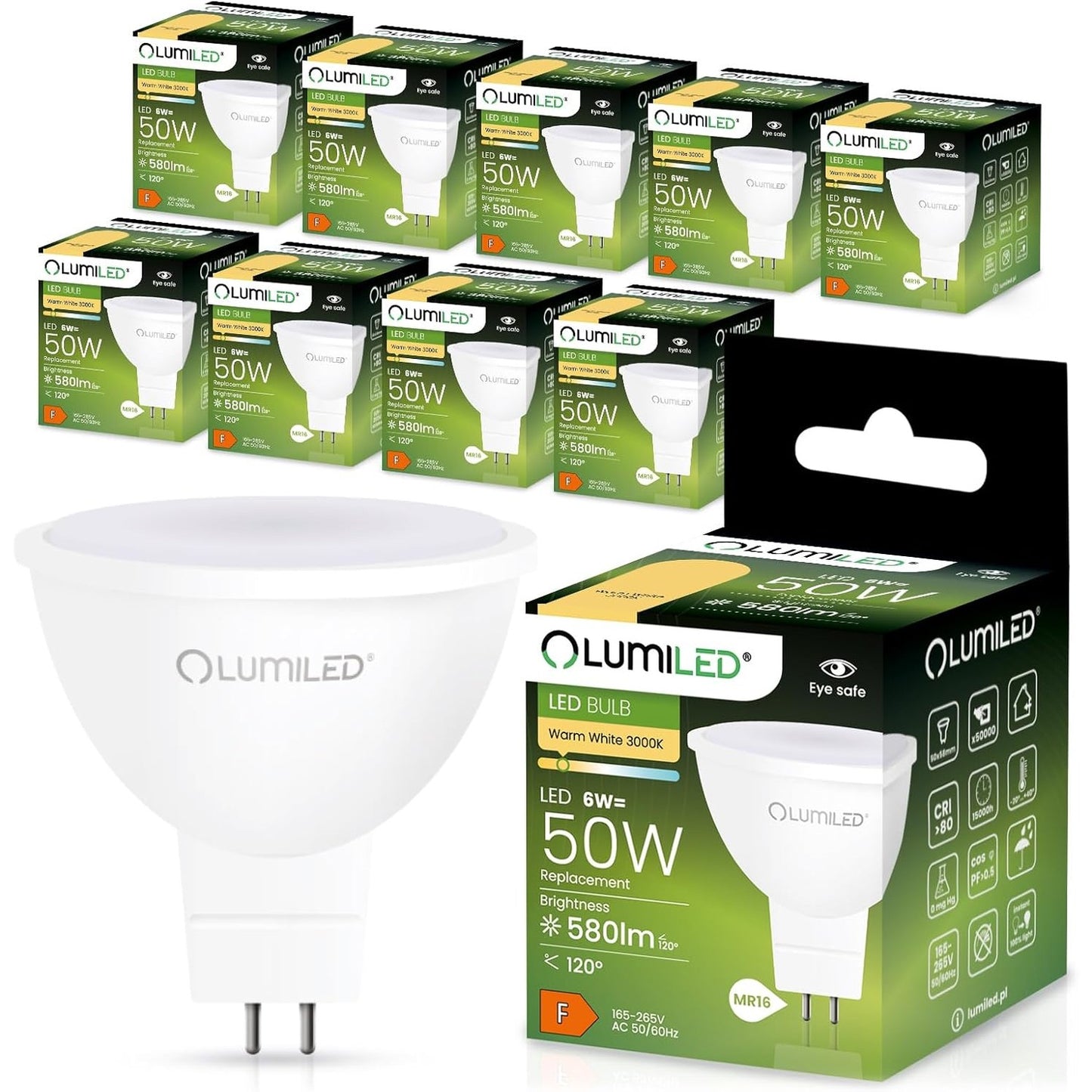 168386 - LUMILED Llampa LED 230V GU5.3, Set me 10 pjesë, MR16 6W (ekuivalent me llamba inkandeshente 50W), E bardhë e ngrohtë 3000K, 580 Lumen, Kënd rrezeje 120°