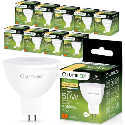 168386 - LUMILED Llampa LED 230V GU5.3, Set me 10 pjesë, MR16 6W (ekuivalent me llamba inkandeshente 50W), E bardhë e ngrohtë 3000K, 580 Lumen, Kënd rrezeje 120°