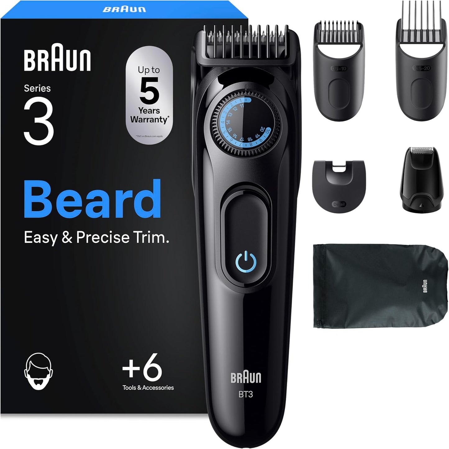 315732 - BRAUN Prerëse mjekre Series 3, Prerëse elektrike për burra, 6 aksesorë, teh ultra i mprehtë, jetëgjatësi baterie 50 minuta, makinë rroje mjekre pa tel, 40 cilësime gjatësie, model BT3565, ngjyra e zezë/blu