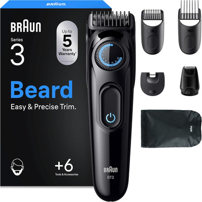315732 - BRAUN Prerëse mjekre Series 3, Prerëse elektrike për burra, 6 aksesorë, teh ultra i mprehtë, jetëgjatësi baterie 50 minuta, makinë rroje mjekre pa tel, 40 cilësime gjatësie, model BT3565, ngjyra e zezë/blu