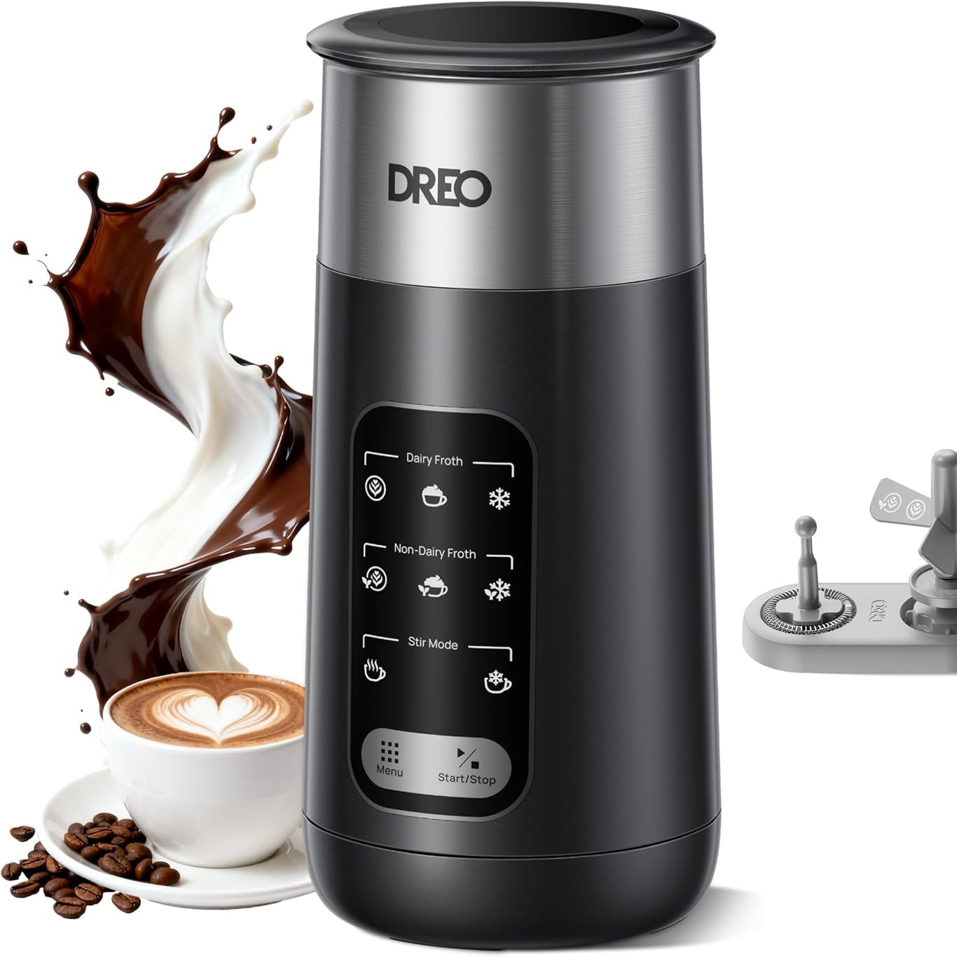 288518 - DREO Shkumëzues elektrik qumështi 8-në-1, 270ml, çelik inox, për Latte, Cappuccino, Çokollatë të Nxehtë, LED, Pastrohet lehtë