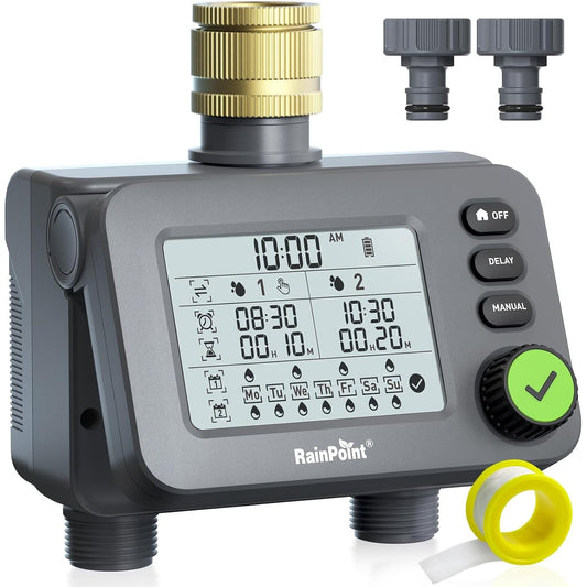 170231 - RAINPOINT Kompjuter Ujitjeje për Kopshti me 2 Priza, Hyrje Tunxhi, Kontroll IP54 i Rezistencës ndaj Ujitjes, Ekran LCD i Madh, Kohëmatës me Vonim Shiu dhe Modifikim Automatik/Manual