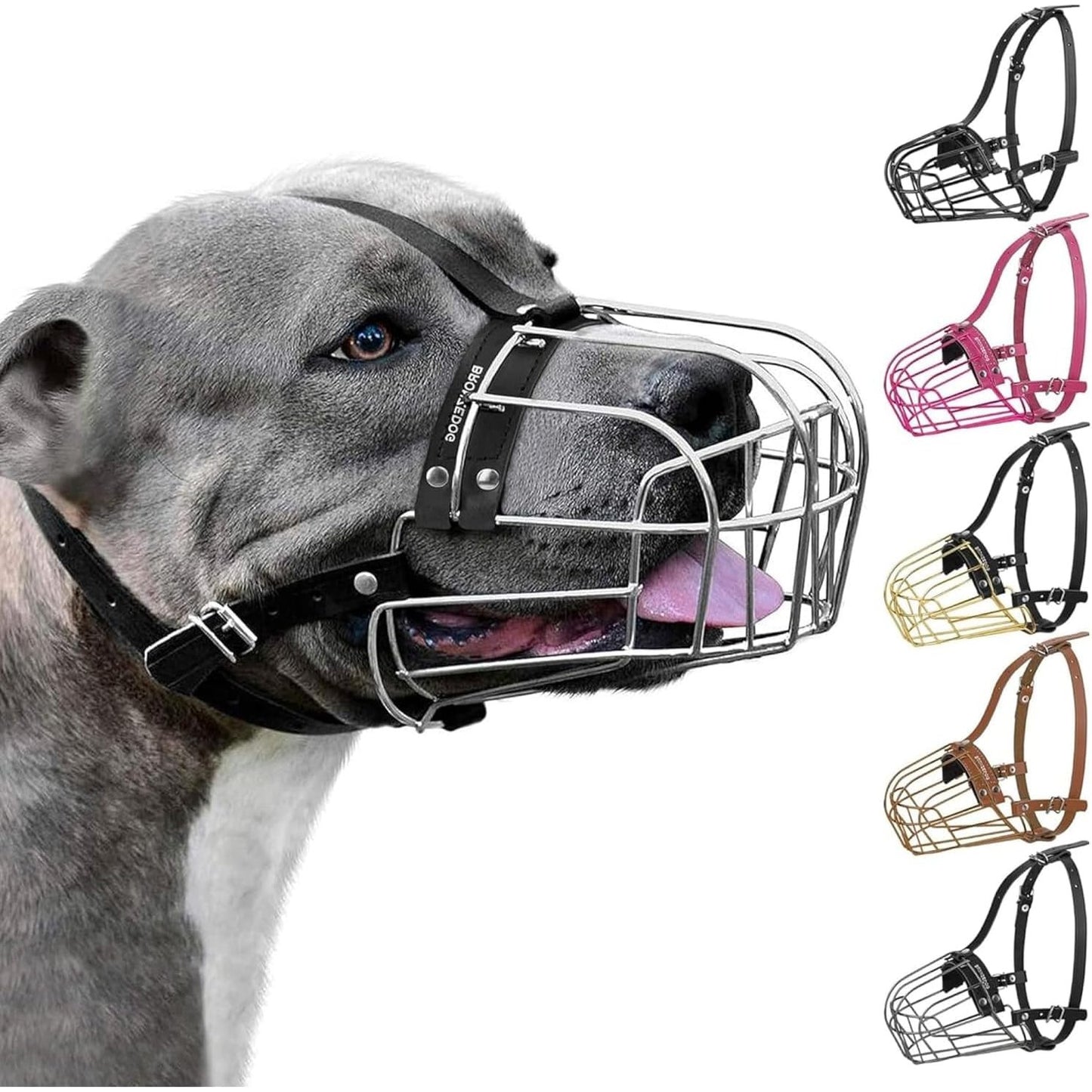 214678 - BRONZEDOG Surrat metalik për qen Amstaff, shportë teli, rripa lëkure të rregullueshëm për qen të mëdhenj