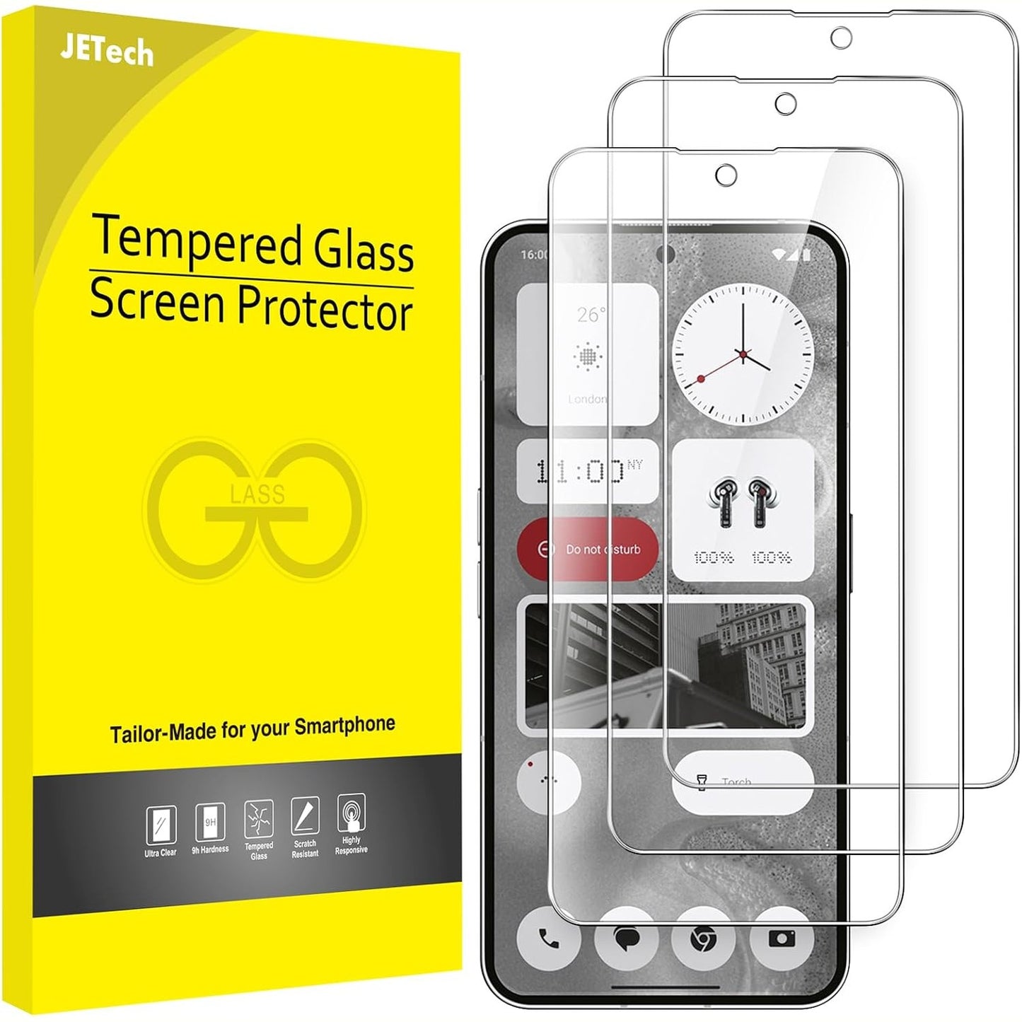 267216 - JETech - Mbrojtës ekrani për Nothing Phone 2 6.7 inç, qelqi të temperuar 9H, rezistent ndaj gërvishtjeve, pako me 3 copë