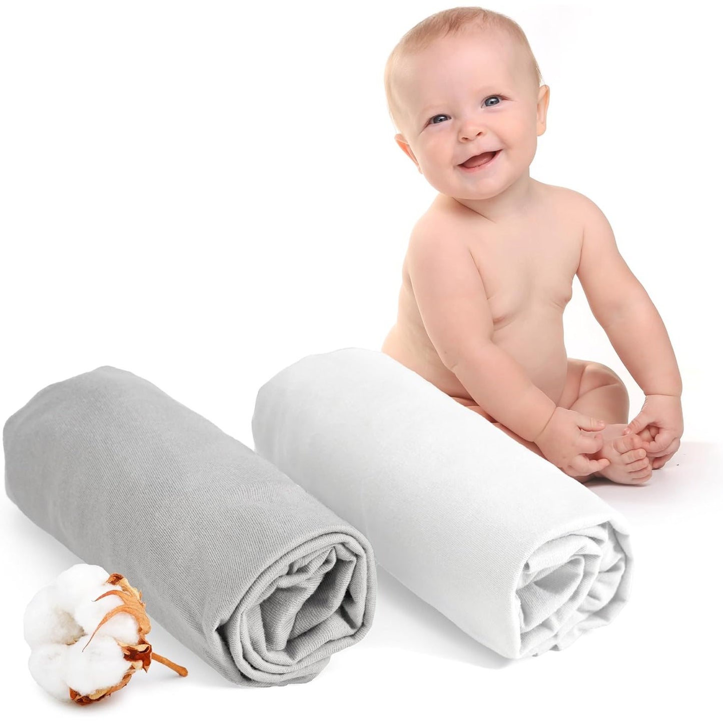 214780 - DREAMZIE Çarçaf i Lidhur 70x140 për Bebe, Pako me 2 Pambuku, E Bardhë dhe Gri – Elastik – I Certifikuar Oeko-Tex