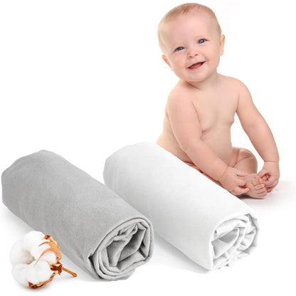 214780 - DREAMZIE Çarçaf i Lidhur 70x140 për Bebe, Pako me 2 Pambuku, E Bardhë dhe Gri – Elastik – I Certifikuar Oeko-Tex