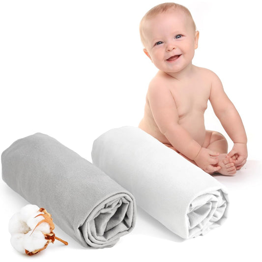 214780 - DREAMZIE Çarçaf i Lidhur 70x140 për Bebe, Pako me 2 Pambuku, E Bardhë dhe Gri – Elastik – I Certifikuar Oeko-Tex