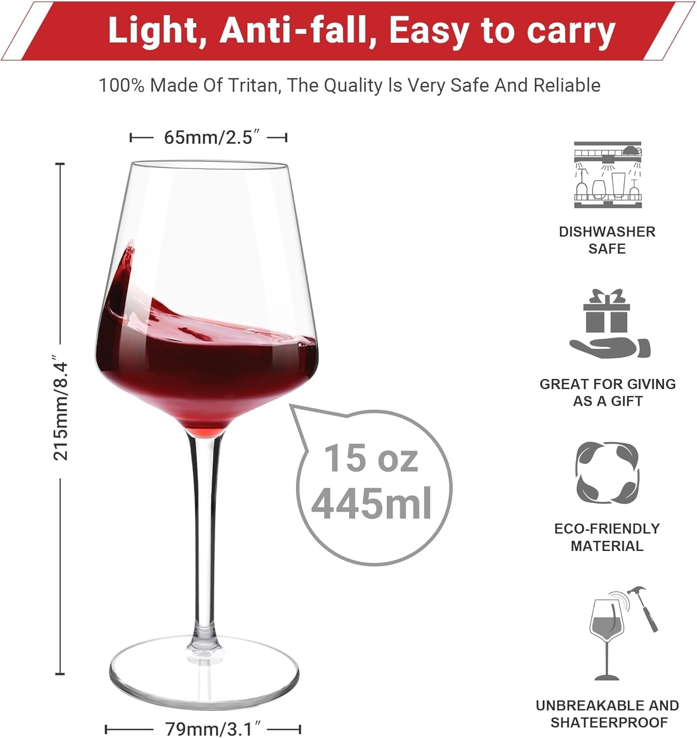 96603 - HAHASHOW Gotë Plastike për Verë të Bardhë Tritan, Set prej 4 Gotash për Verë të Kuqe, Kapacitet 445 ml, e Përshtatshme për Lavastovilje, për Festa në Kamping