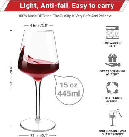 96603 - HAHASHOW Gotë Plastike për Verë të Bardhë Tritan, Set prej 4 Gotash për Verë të Kuqe, Kapacitet 445 ml, e Përshtatshme për Lavastovilje, për Festa në Kamping