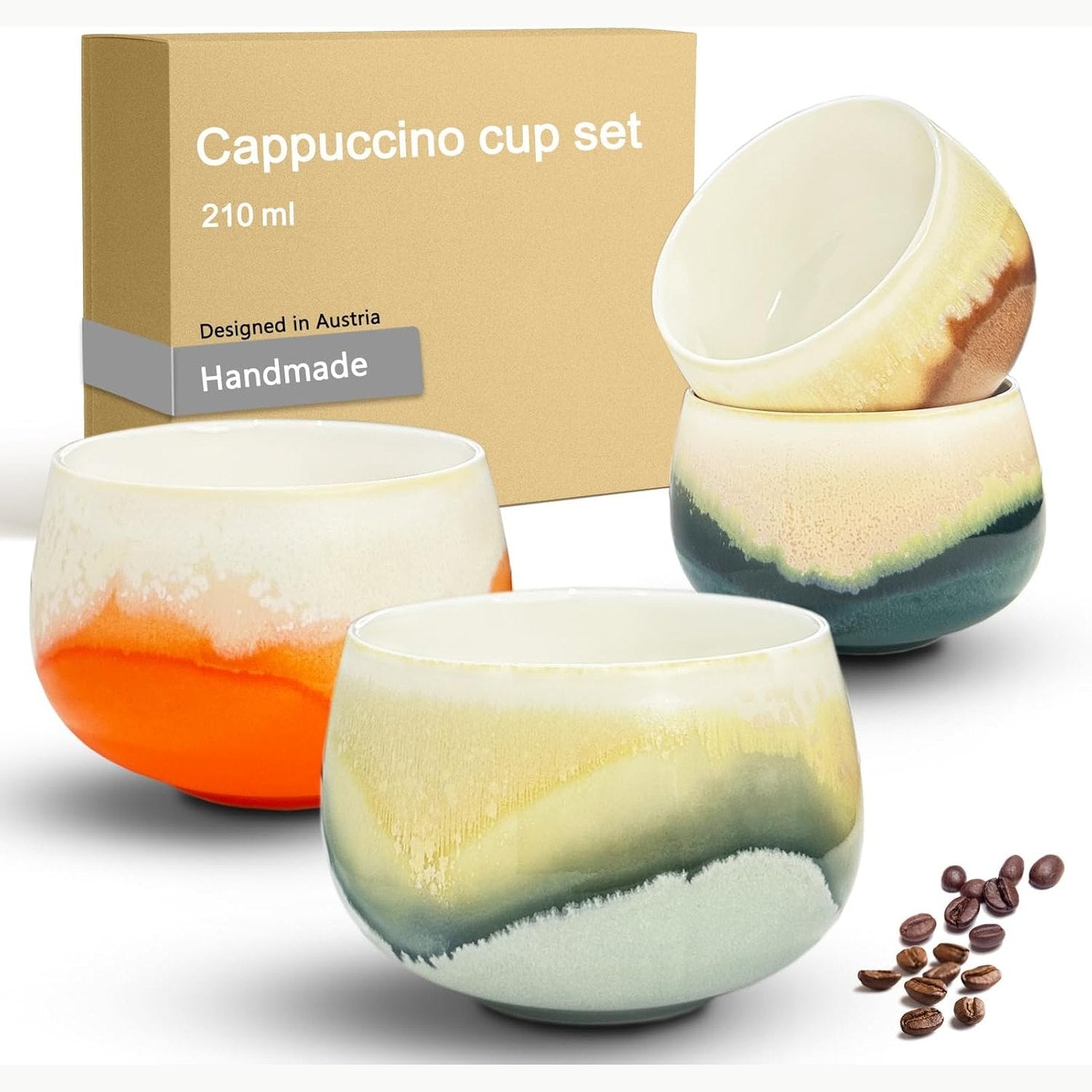 255320 - ONDACORE Set filxhanësh për kapuçino me 3 x 210ml, porcelani i bardhë, filxhanë kafeje shumëngjyrësh