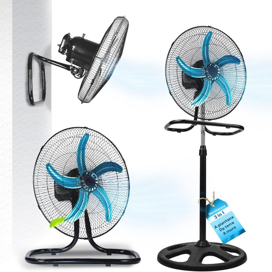 118636 - WINTEM - Ventilator për Tavolinë, Mur ose Dysheme, 3-në-1, me Lëkundje, Kornizë nga Çeliku, 50W, Lartësi e Rregullueshme, 3 Shpejtësi, Tehe 44cm