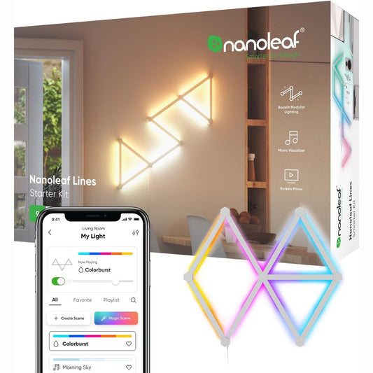 250041 - NANOLEAF Kit fillestar Lines 60 gradë, 9 shirita ndriçimi inteligjentë LED RGBW, ndriçim muri i brendshëm me WiFi, 16 milion ngjyra, sinkronizim muzike, funksionon me Alexa, Google, Apple