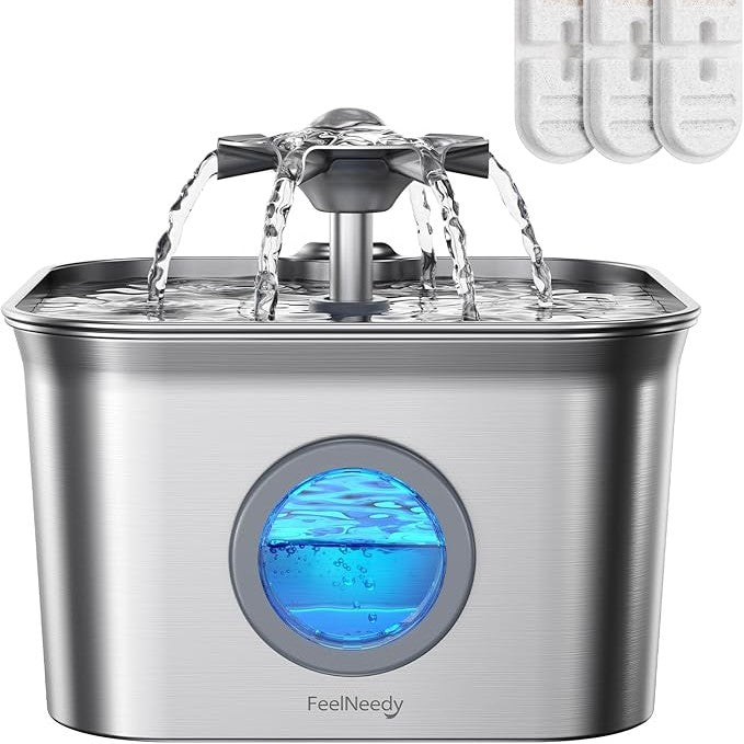 178905 - FEELNEEDY Shatërvan uji për mace prej çeliku inox, Kapacitet 2.8L, me 3 filtra, Sistem filtrimi i katërfishtë, i lehtë për t'u pastruar, ultra i qetë, i sigurt për lavastovilje