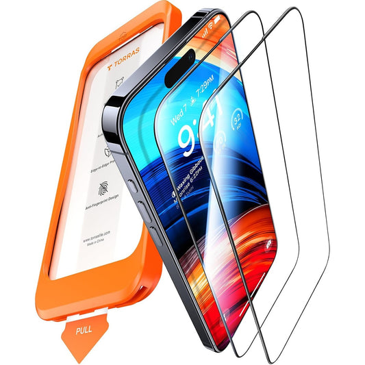 86742 - TORRAS - Mbrojtës Ekrani GlassGo për iPhone 15 Pro, i Certifikuar nga SGS, Xham i Temperuar 9H, Kundër Pluhurit, Pa Flluska