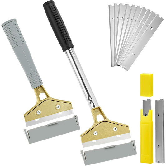 165028 - QWORK® Set 2 Pjesë Heqës Letër-muri (30 cm/22 cm), me 20 Tehe Zëvendësuese (10 cm të Gjera, 0.6 mm të Trasha) - Për Heqjen e Letër-murit, Ngjitësit të Pllakave të Dyshemesë, Bojës dhe Afisheve