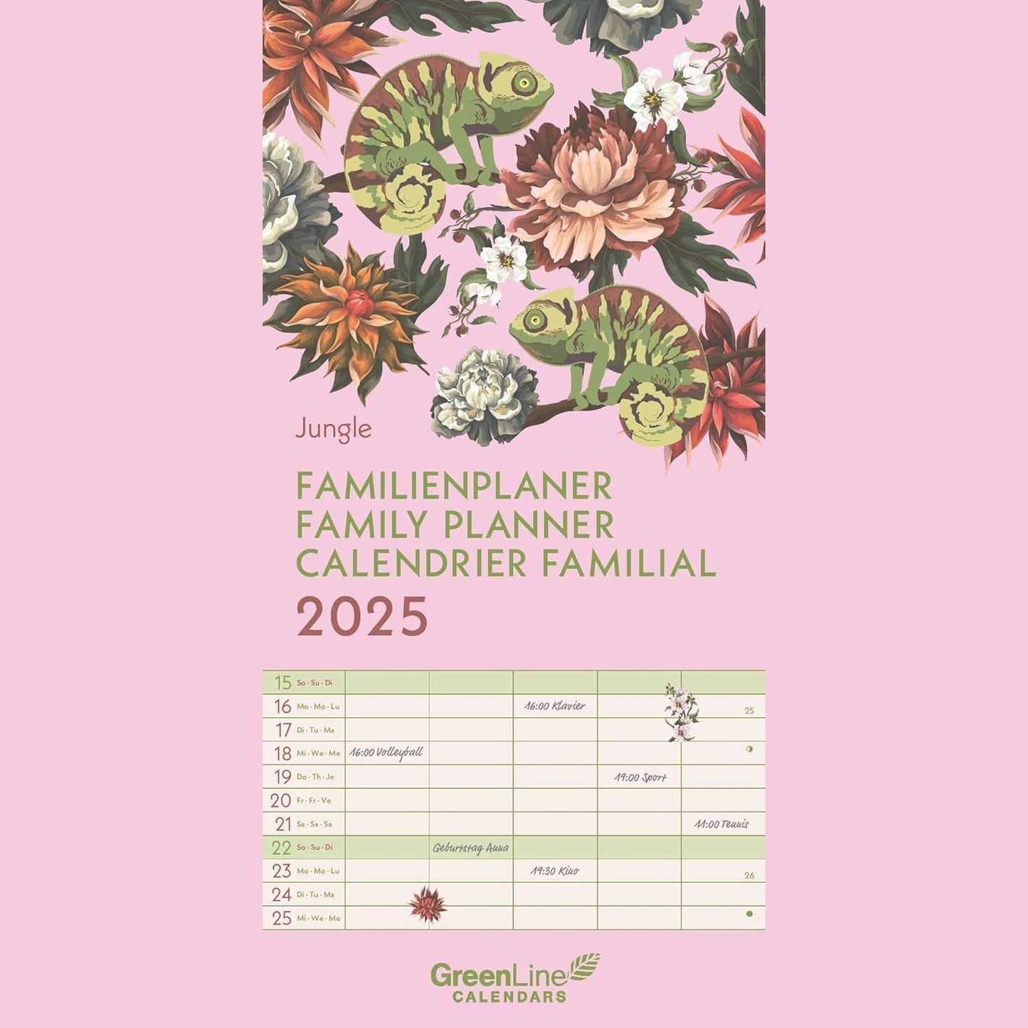 190088 - GREENLINE - Planifikues Familjar Jungle 2025, 22x45cm, Kalendar në 5 Kolona për Organizim Familjar, Pushimet Shkollore dhe Oraret, me Lidhje Spirale