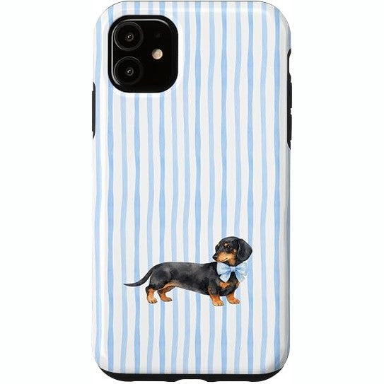 308999 - MBËSHTJELLËS PËR IPHONE 11, DACHSUND ME BOJËRA UJI, FJONGO BLU, ART MINIMAL ME VIJA