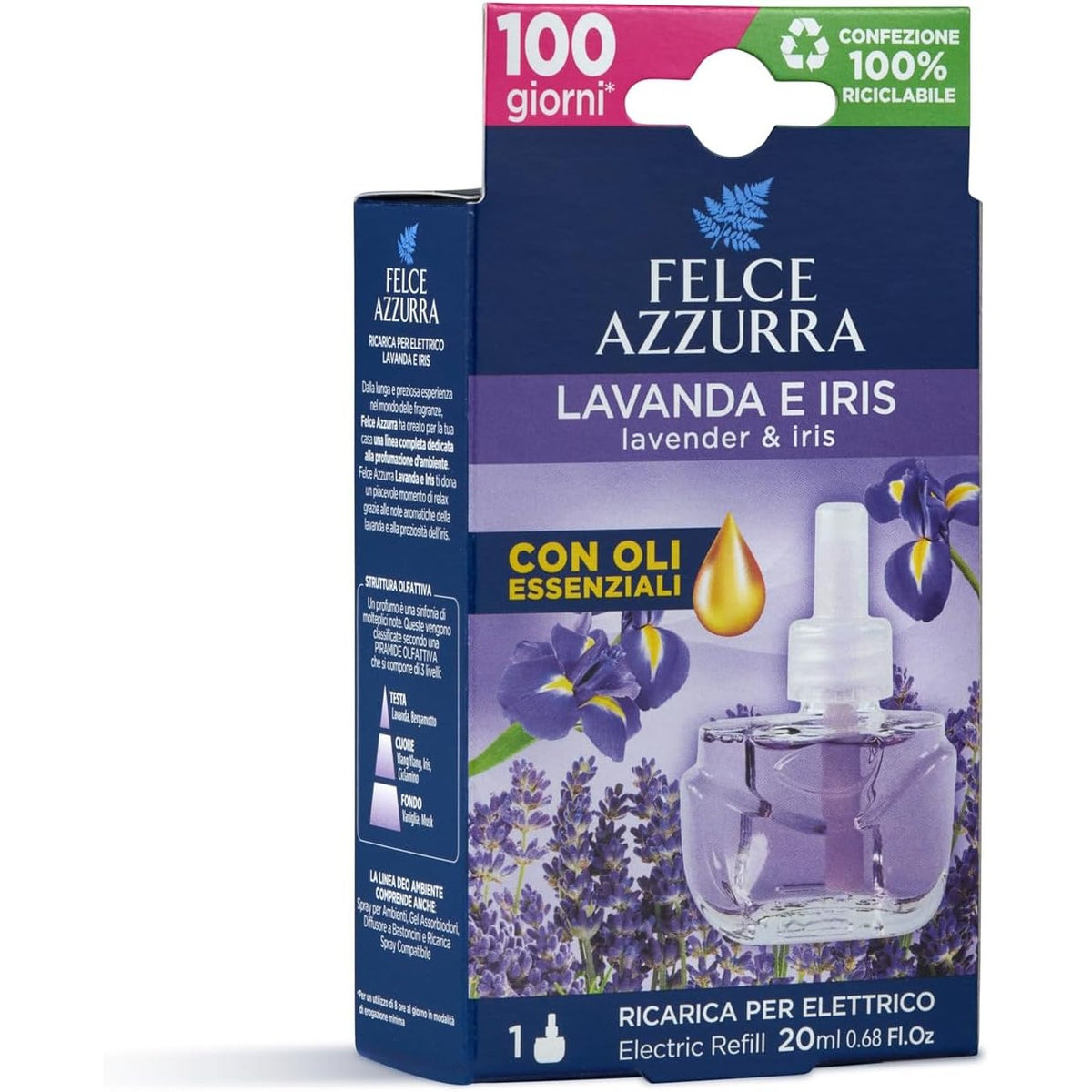 321944 - FELCE AZZURRA - Pako mbushëse për difuzor elektrik dhome, livando dhe iris, aromë e lehtë dhe e rregullueshme për difuzorë, 20 ml, freskues ajri për 75 ditë