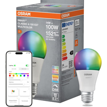 261829 - OSRAM Llambë LED SMART+ Matter A100 14W E27 RGBW, me errësim të lehtë, kontroll me aplikacion dhe zë, WiFi, e pajtueshme me Alexa dhe Google