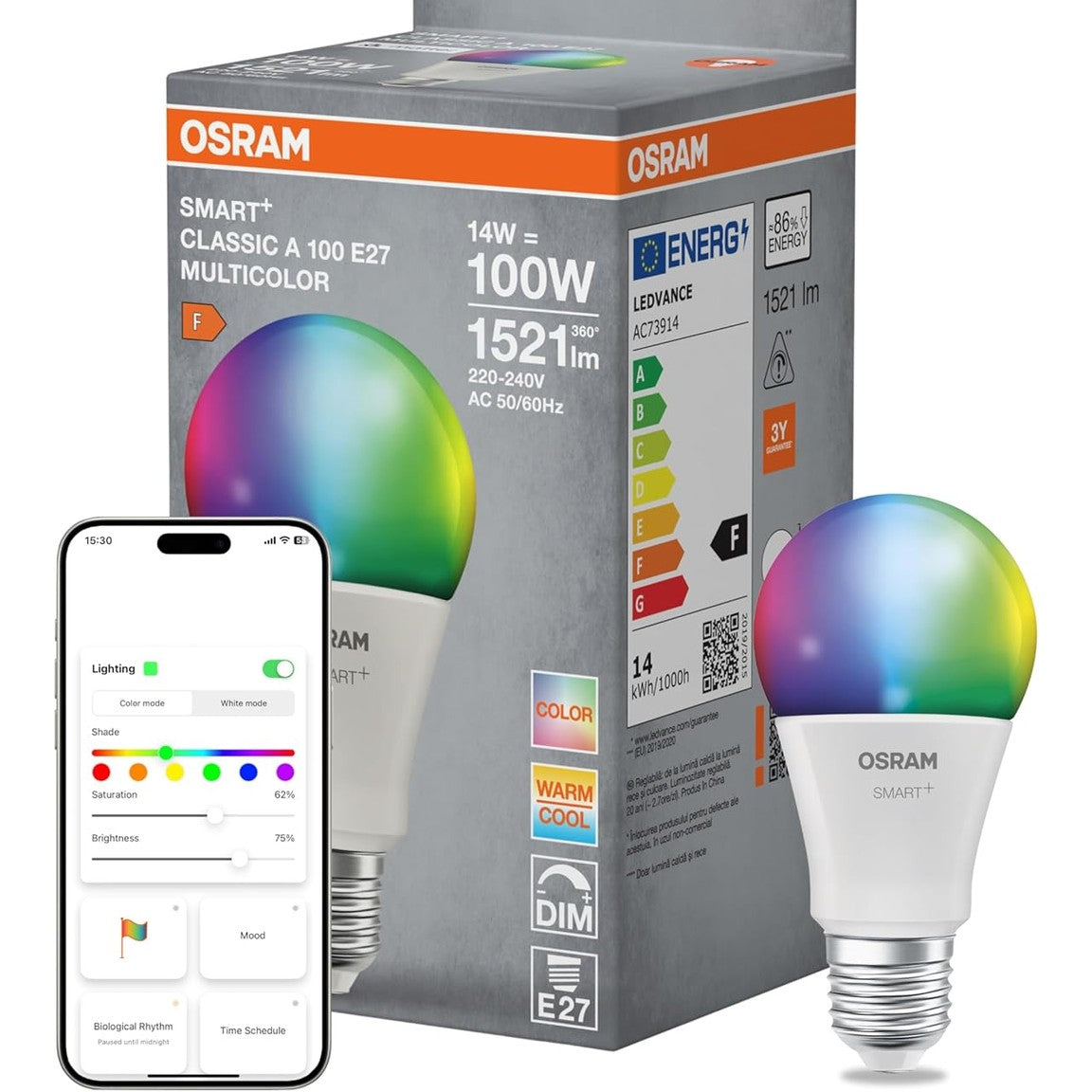 261830 - OSRAM Llambë LED SMART+ Matter A100 14W E27 RGBW, me errësim të lehtë, kontroll me aplikacion dhe zë, WiFi, e pajtueshme me Alexa dhe Google