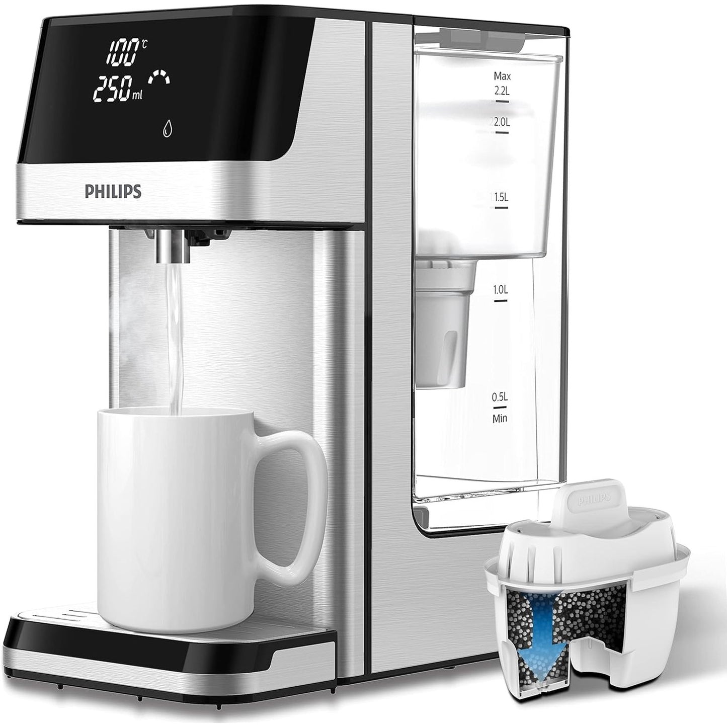 195054 - PHILIPS Dispensator për Stacionin e Ujit me Ujë të Nxehtë të Filtruar, 6 Paracaktime Temperature, Ekran me Prekje, Zvogëlon Klorin, Gëlqeren, Metalet e Rënda, Mikroplastikat dhe PFOA-në, Kapacitet 2.2 L
