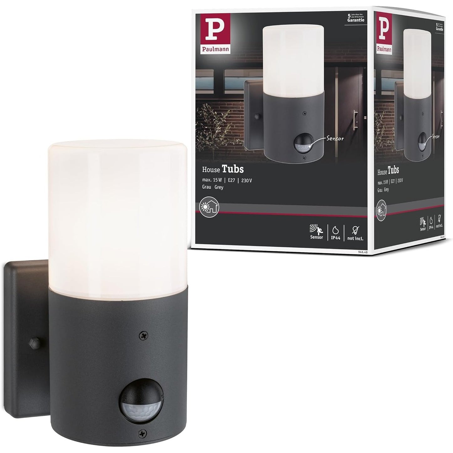 255782 - PAULMANN Llambë Muri e Jashtme 94648 me Sensor Lëvizjeje IP44, Maks. 15 W, Ngjyrë Gri Mat, Dritë Kopshti Metalike, Plastike E27