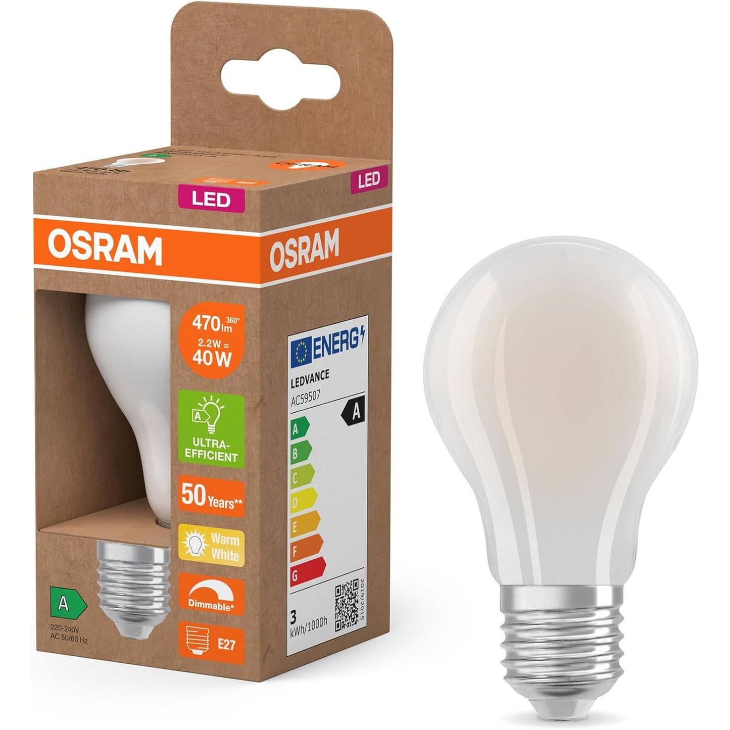 229843 - LLAMBË LED OSRAM, 2.2 W, 470 lm, klasa A, dritë e bardhë e ngrohtë (2700 K), CRI 80, xham i akrilikuar pa plumb, bazë E27, IP20, diametër 60 mm, e errësueshme