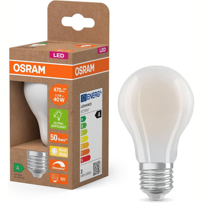 229843 - LLAMBË LED OSRAM, 2.2 W, 470 lm, klasa A, dritë e bardhë e ngrohtë (2700 K), CRI 80, xham i akrilikuar pa plumb, bazë E27, IP20, diametër 60 mm, e errësueshme